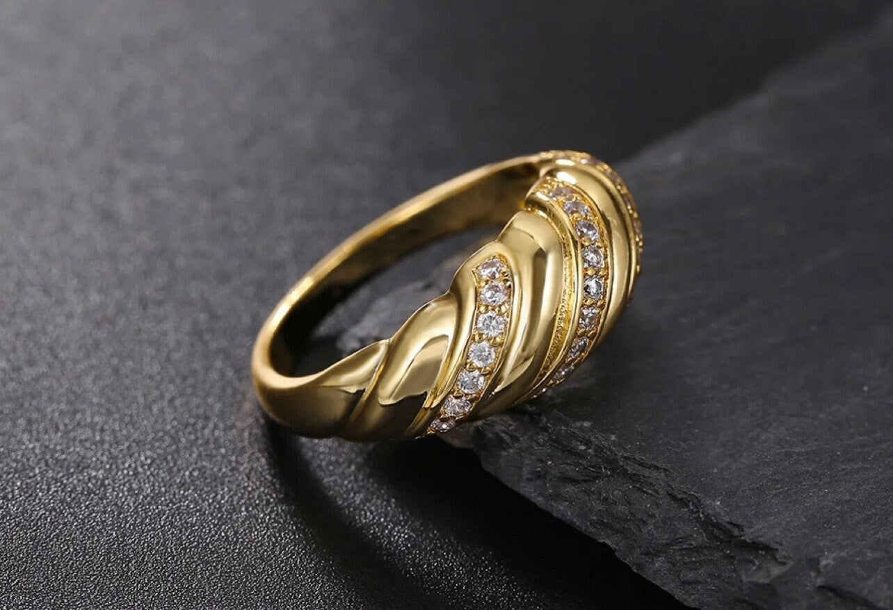 Twisted Croissant Ring, Cubic Zirconia, 18K Gold Plated, stainless steel