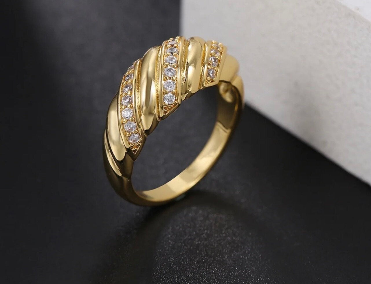 Twisted Croissant Ring, Cubic Zirconia, 18K Gold Plated, stainless steel