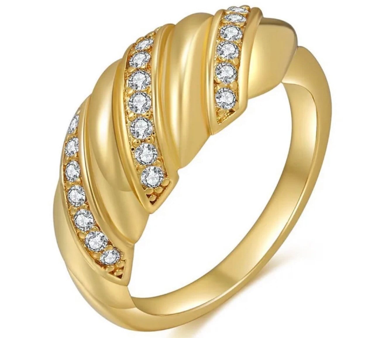 Twisted Croissant Ring, Cubic Zirconia, 18K Gold Plated, stainless steel