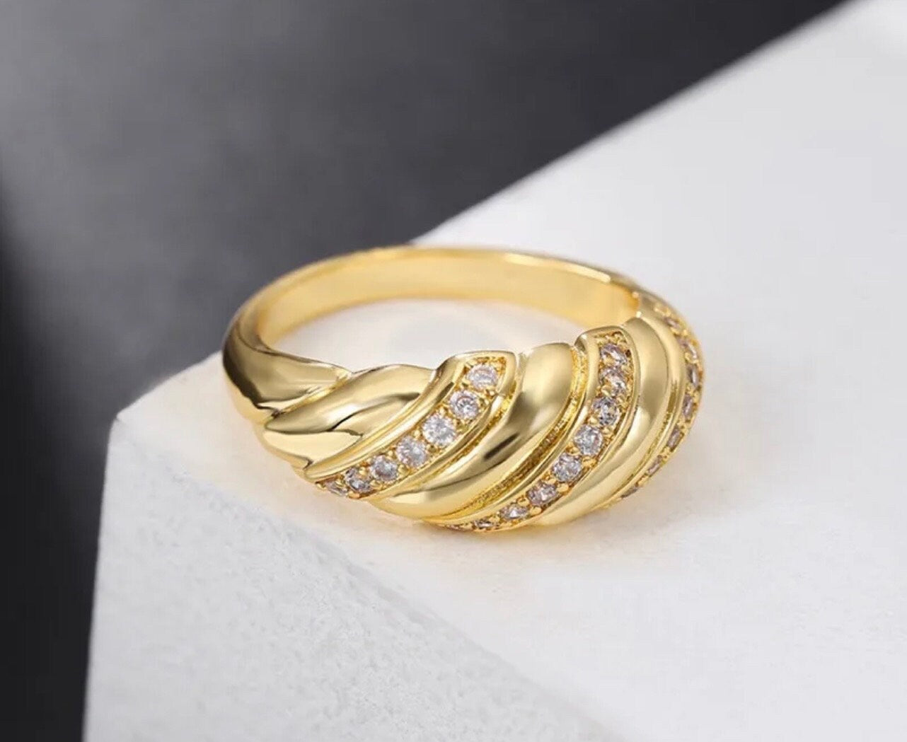 Twisted Croissant Ring, Cubic Zirconia, 18K Gold Plated, stainless steel