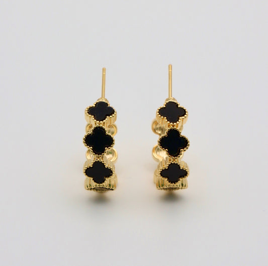 18K Gold Plated Stainless Steel flower Black hoop stud earrings