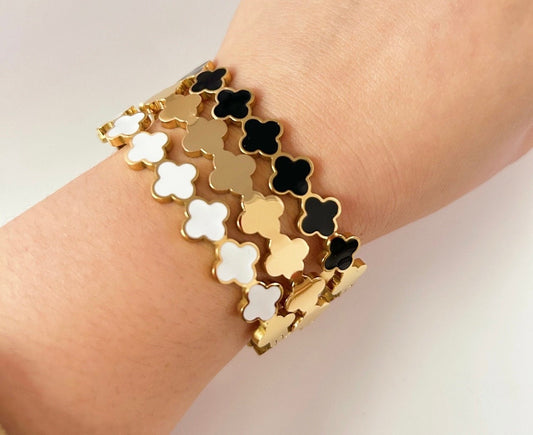 Flower Bangle, 18k Gold Plated, stainless steel (Black or White)